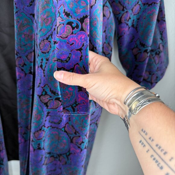 Vintage Velvet Swing Coat 80s Deadstock Gallery Woman Jewel Tone Printed | L/XL - Picture 3 of 10